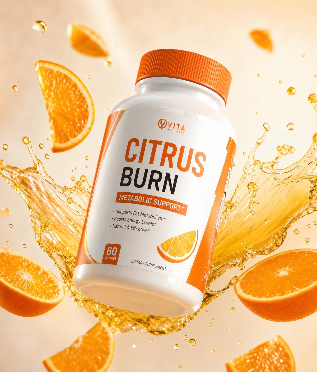 Citrus Burn supplement bottle surrounded by fresh orange slices