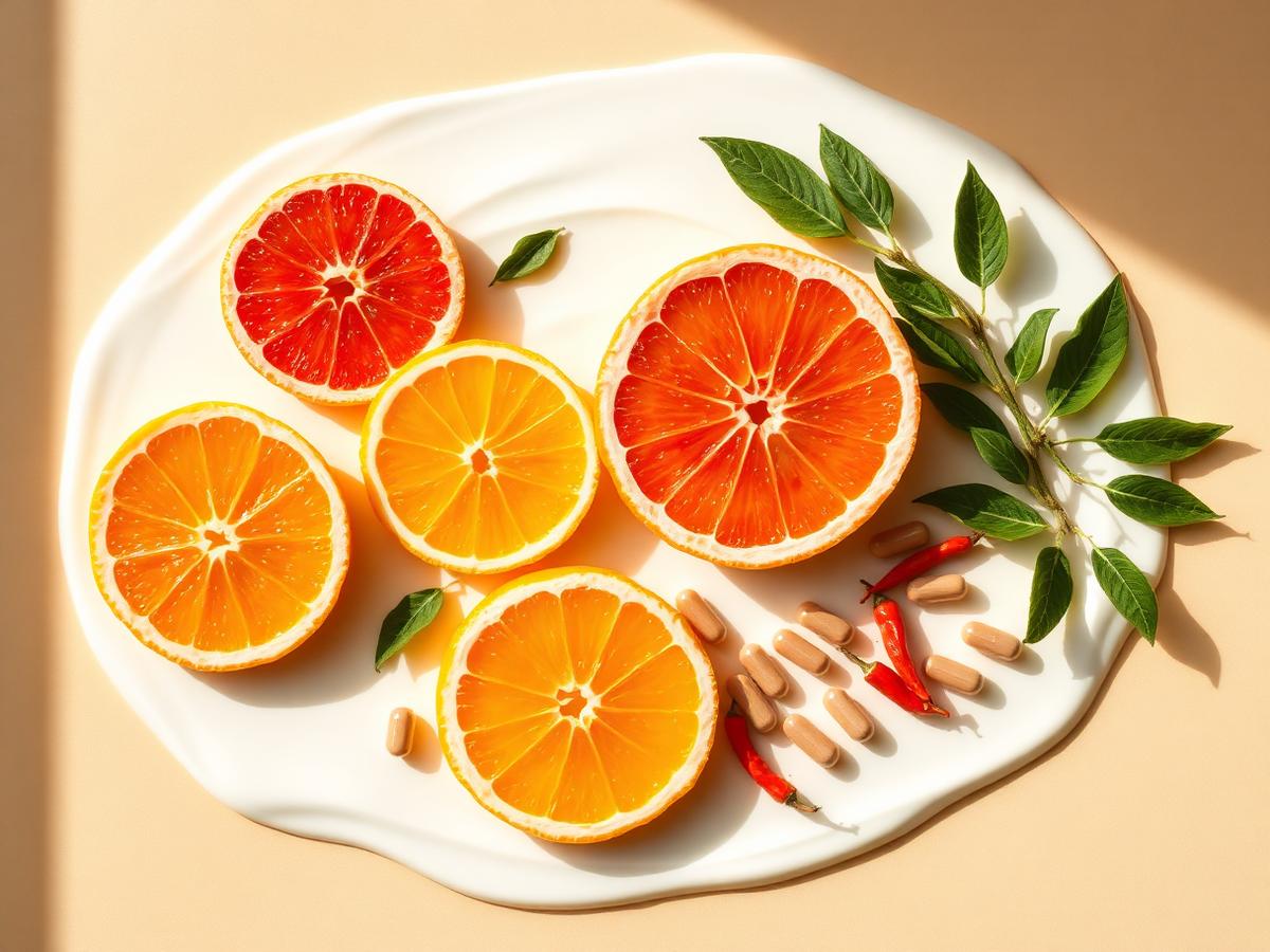 Citrus fruits, green tea and capsules laid out on a cream surface